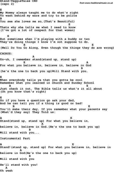 An irish boy was leaving leaving his native home crossing the broad atlantic once more he wished to roam and as he was leaving his. Christian Chlidrens Song Stand-Veggietales CRD Lyrics ...