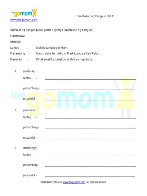 pang uri kaantasan ng pang uri worksheet set c pdf