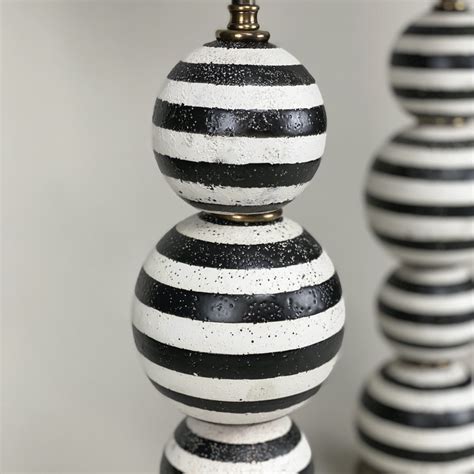 Pair Of Black And White Stripe Stacked Ceramic Ball Lamps With