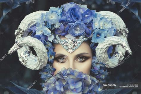 Beautiful Woman With Ram Horns — Floral Petals Stock Photo 124044168