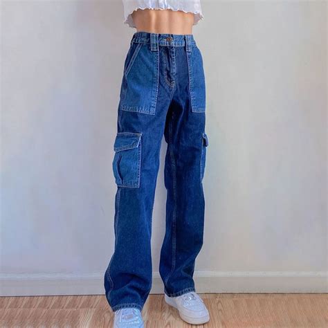 Rapcopter Big Pockets Jeans Women Y2k Pants High Waist Trousers Blue