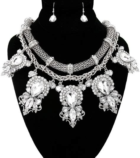 Silver Statement Necklace Big Silver Crystal Party Necklace On Luulla