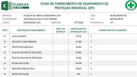 Guia Completo De Ficha De Epi Planilha De Obra