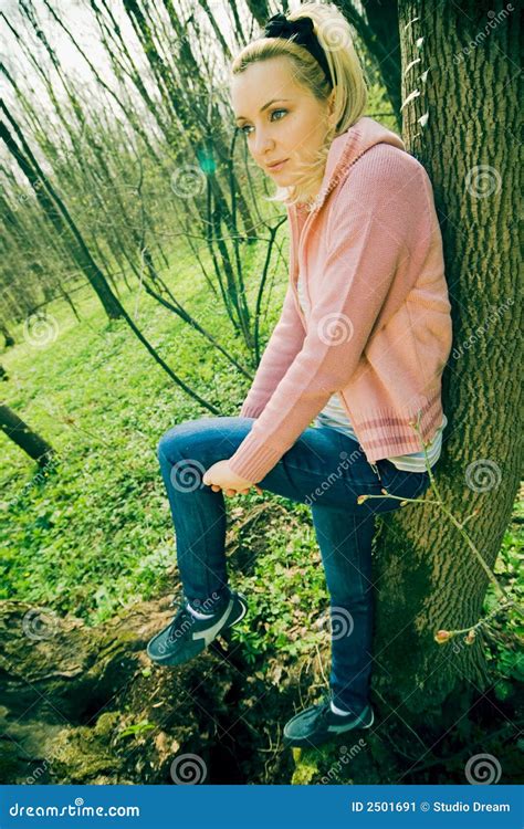 Pretty Girl Leaning On Tree Stock Image Image 2501691