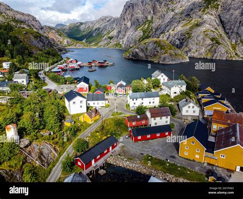 Aerial Of The Village Of Nusfjord Lofoten Norway Stock Photo Alamy