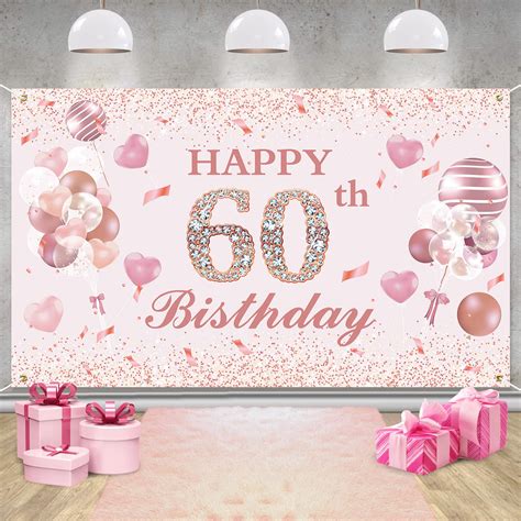 Buy 60th Birthday Backdrop Banner Decorations Pink Large 60 Year Old