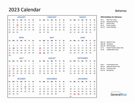 2023 Bahamas Calendar With Holidays