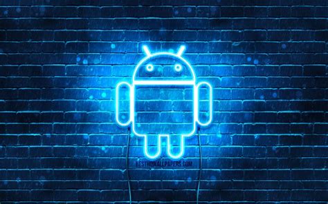 Download Wallpapers Android Blue Logo 4k Blue Brickwall