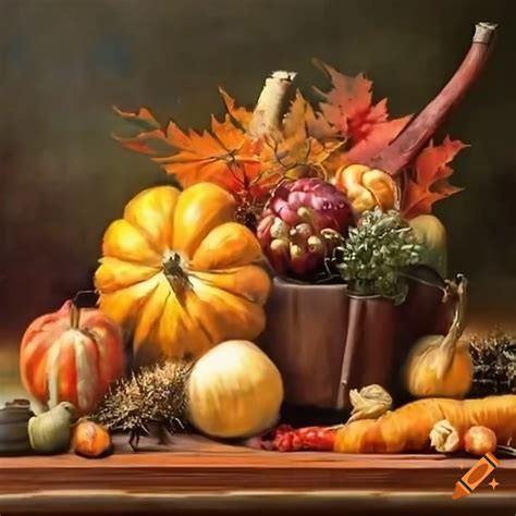 Vibrant Still Life Painting Of Autumn Harvest On Craiyon