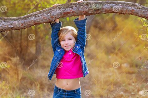 Children Girl Swinging In A Trunk In Pine Forest Stock Image Image Of