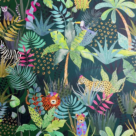 Hidden Jungle Wallpaper Fun Animals Green Emerald Tropical Safari