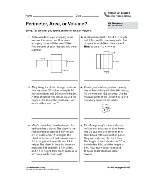Perimeter Area Or Volume Worksheet For 5th Grade Lesson Planet