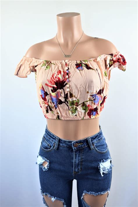 Blush Floral Crop Top Dainty Blush Pink Off The Shoulder Button Crop Top