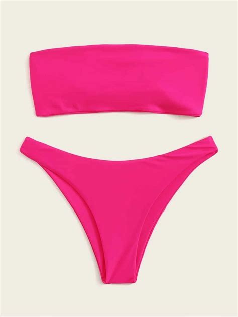 Neon Pink Lace Up Bandeau Bikini Set Shein Usa Bikinis Pink
