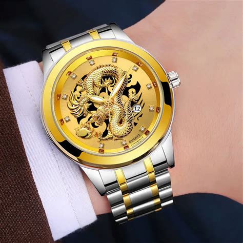 2019 Waterproof Mens Chinese Gold Dragon Sculpture Quartz Watch Luxury