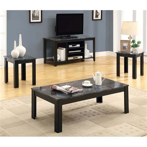 Monarch 3 Piece Faux Marble Top Coffee Table Set In Black And Gray I