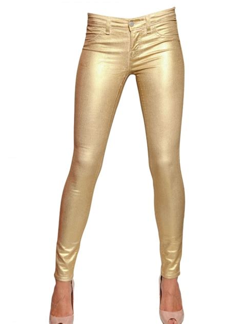 J Brand Metallic Coated Stretch Denim Jeans In Gold Lyst
