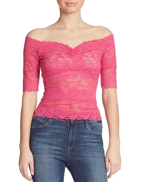 Lyst Guess Off The Shoulder Lace Top In Pink