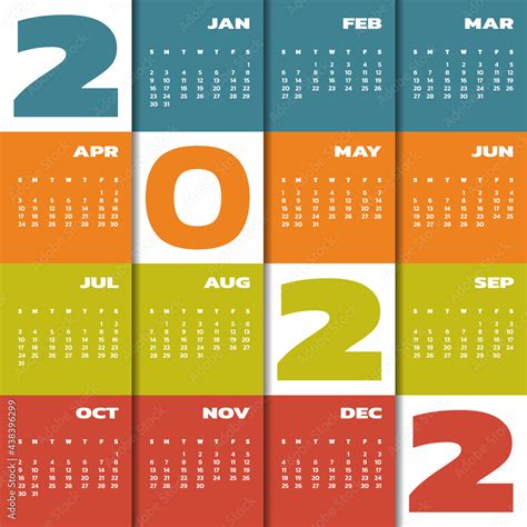 Calendar 2022 Year Colorful Year 2022 Calendar Week Starts Sunday