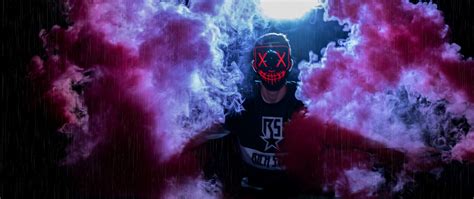 Download Wallpaper 2560x1080 Man Mask Colored Smoke