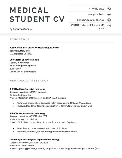 Medical Student Cv Example And Tips Resume Genius