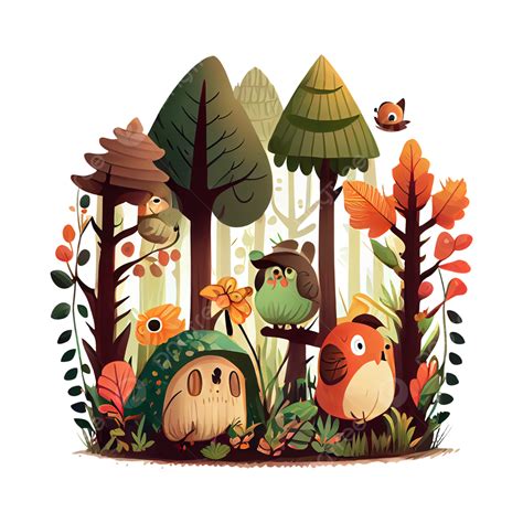 Forest Cute Animal Illustration Forest Animal Spring Flowers Png