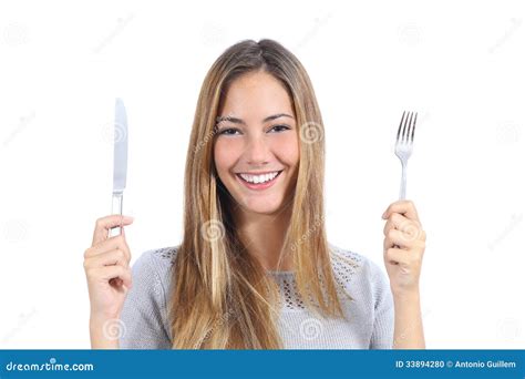 Beautiful Woman Holding A Fork And A Table Knife Stock Photo Image Of