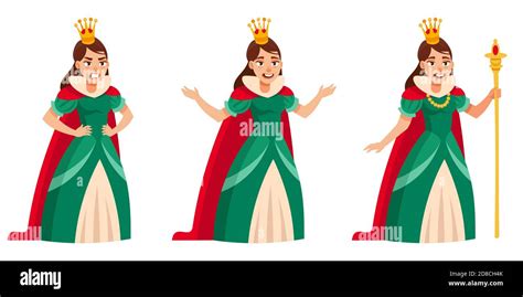 Queen In Different Poses Royal Character In Cartoon Style Stock Vector