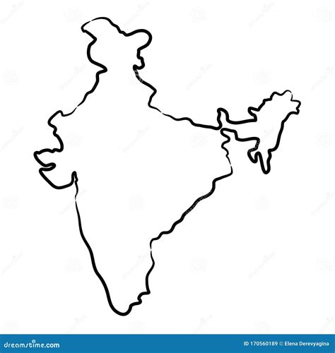 India Map From The Contour Black Brush Lines On White Background