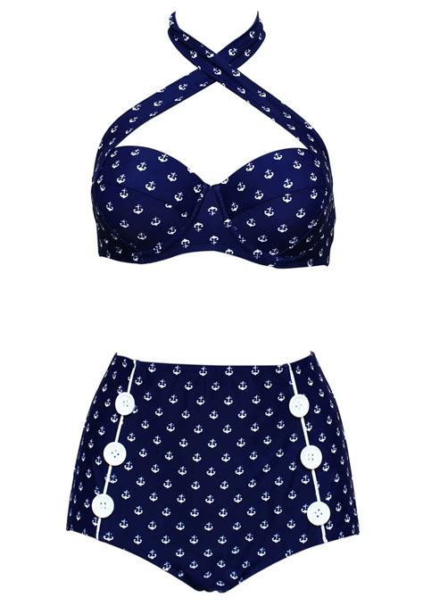 2017 women s halter bikinis vintage swimsuit 50s retro push up dot anchor print high waisted