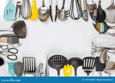 Different Kitchenware On A Gray Background Top View Cooking Appliances