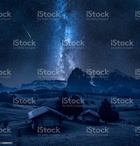 Milky Way And Alpe Di Siusi In Dolomites In Italy Stock Photo