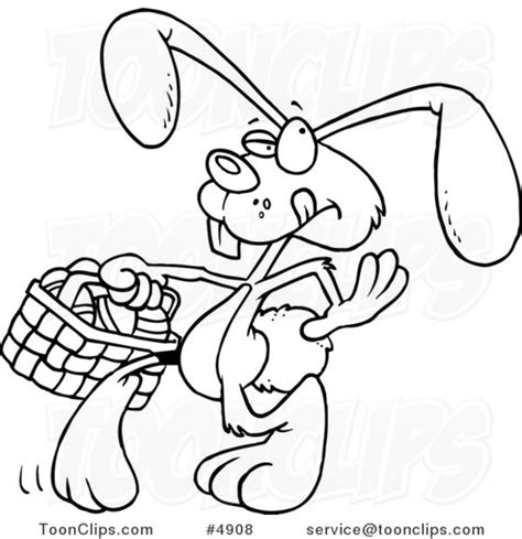 Cartoon Black And White Line Drawing Of An Easter Bunny Walking With An