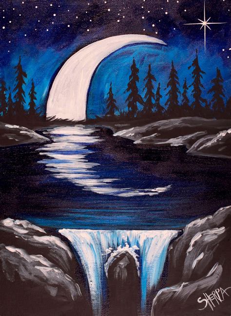 Moon And Waterfall At Night Easy Painting In Acrylic Julia