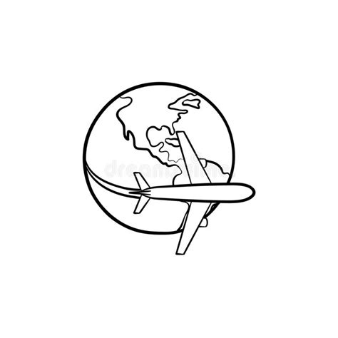 Airplane Flying Around The World Hand Drawn Outline Doodle Icon Stock