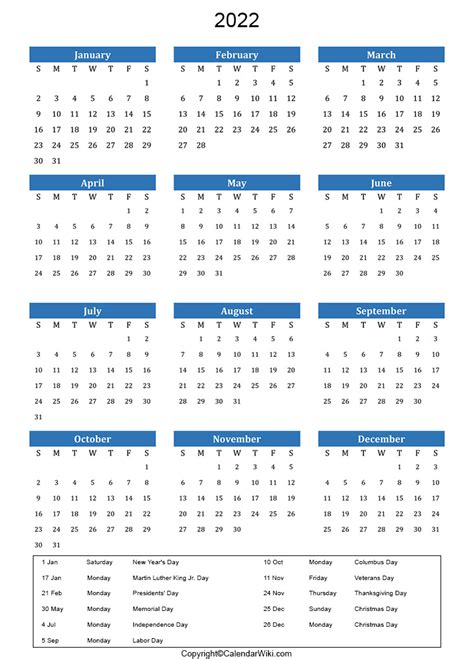 Free 2022 Calendar With Holidays 2022 Holidays