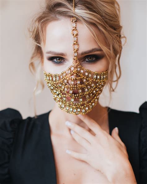 Golden Face Mask Yasmin Metal Face Jewelry Etsy Mouth Mask Fashion