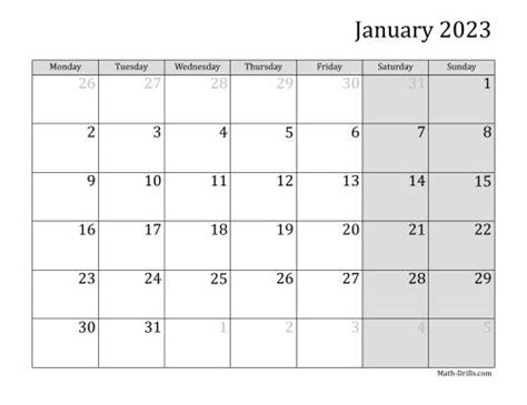 2023 Monthly Calendar With Monday As The First Day