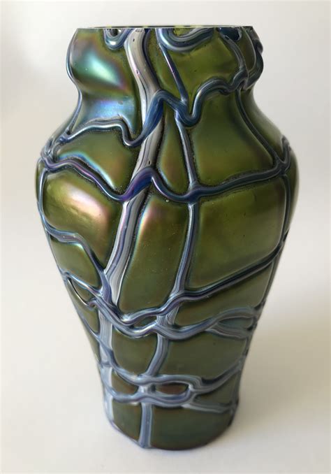Bohemian Art Nouveau Iridescent Glass Vase With Trailed Decoration
