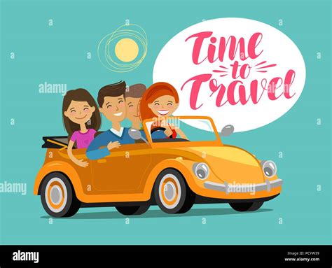 Happy Friends Riding Retro Car On Journey Travel Concept Funny