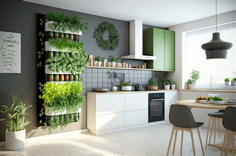 Vertical Garden With Herbs And Spices On Kitchen Wall Stock Photo