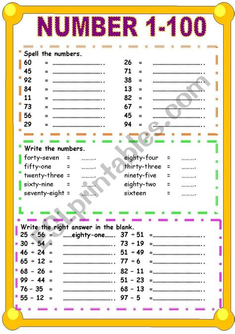 Numbers 1-100 Worksheet English