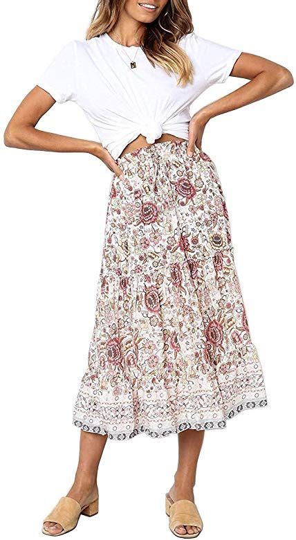 Merokeety Women S Boho Floral Print Elastic High Waist Pleated A Line Midi Skirt With Pockets