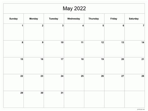 Printable May 2022 Calendar Classic Blank Sheet