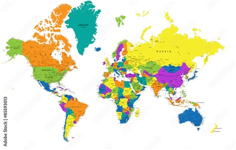 Colorful World Political Map With Clearly Labeled Separated Layers