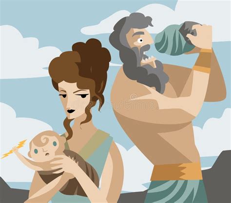 Chronos Uranus Mythology Eating A Rock And Gea Hiding Zeus Baby Stock