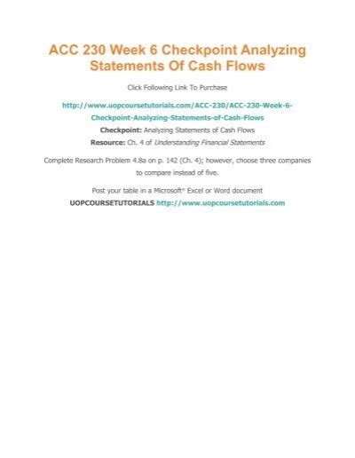 ACC 230 Week 6 Checkpoint Analyzing Statements Of Cash Flows