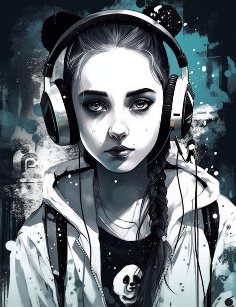Premium Ai Image A Digital Art Of A Girl With Headphones On Her Head