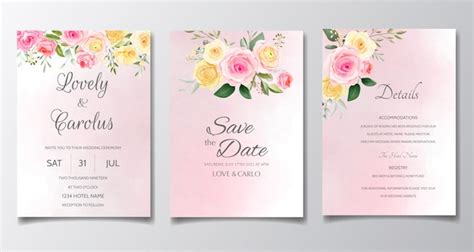 Elegante Plantilla De Tarjeta De Invitación De Boda Con Coloridas Flores Y Hojas Verdes Vector