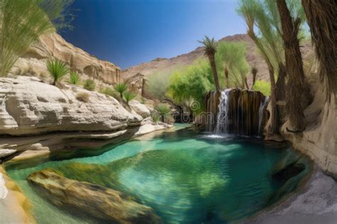 Desert Oasis With Waterfalls And Rock Pools On A Mountainside Stock
